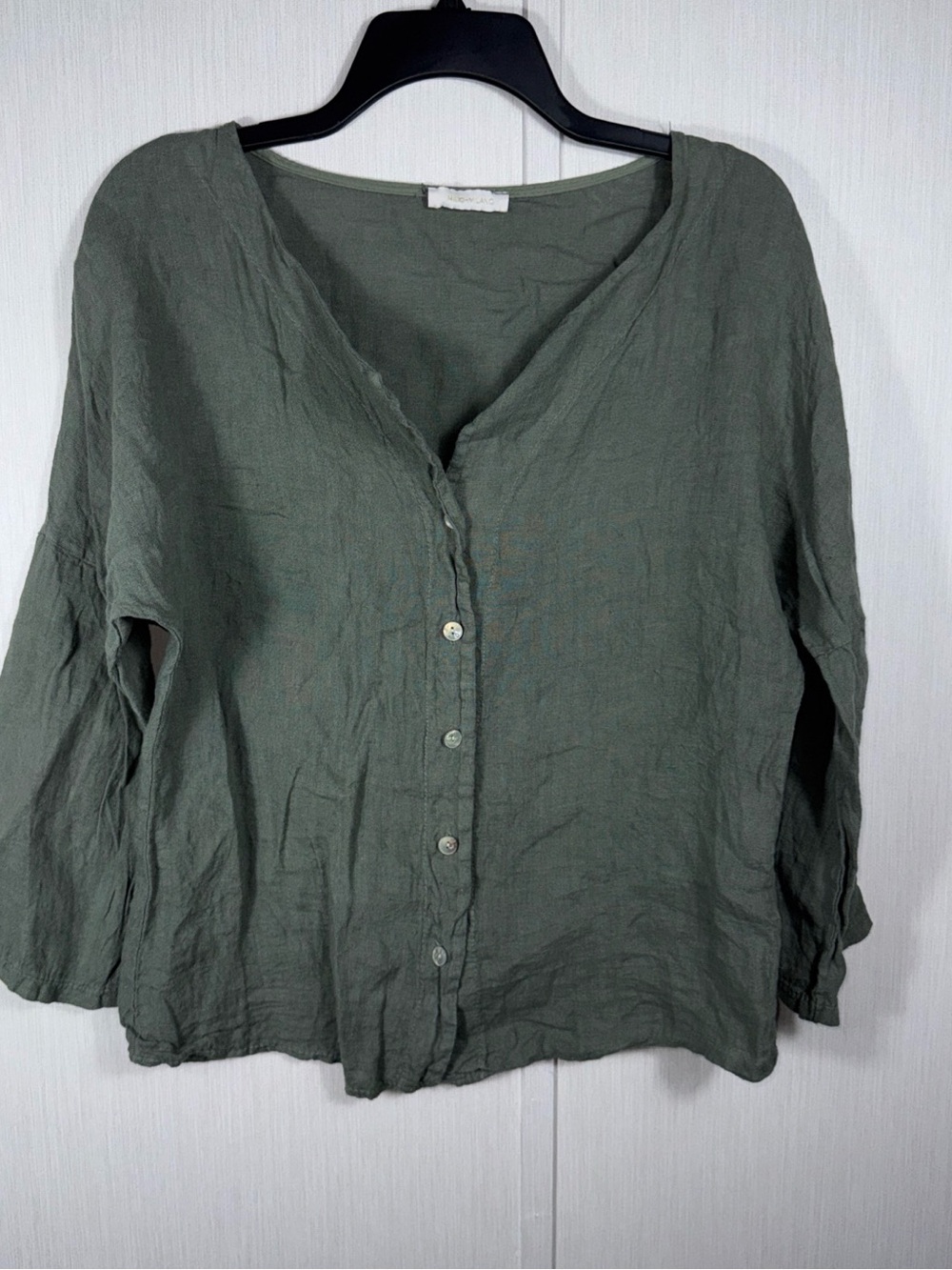MILIO MILANO XS Olive 100% Linen Lagenlook Buttoned Shirt 3/4 Sleeves